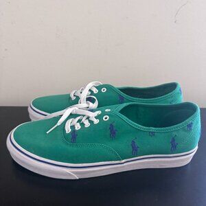NWOT Polo Ralph Lauren Green Canvas Sneakers w/ Blue Polo Logo All Over, Mens 12